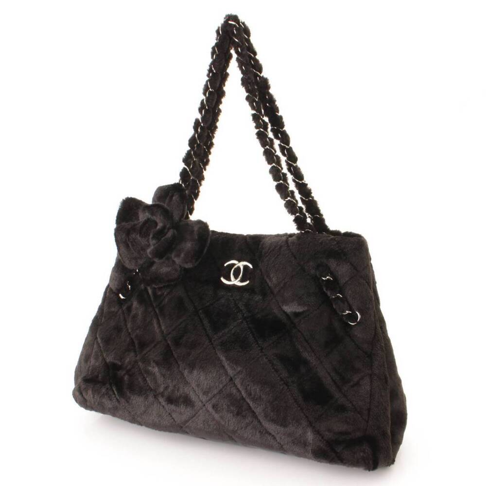 Chanel Mark Fur Bag Camellia Strap Chain Tote Coco Black